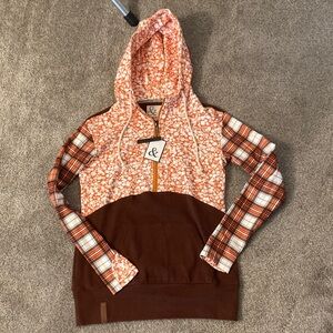 AMPERSAND AVE HalfZip Hello Autumn Floral and Plaid Hoodie - Orange and Brown